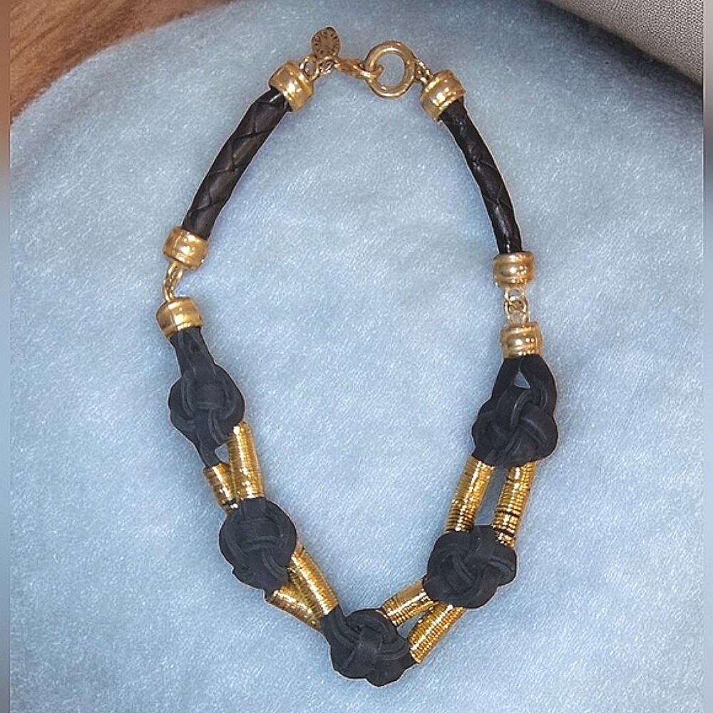 Artizan By Keren Gold Tone & Black Leather Knotted Necklace